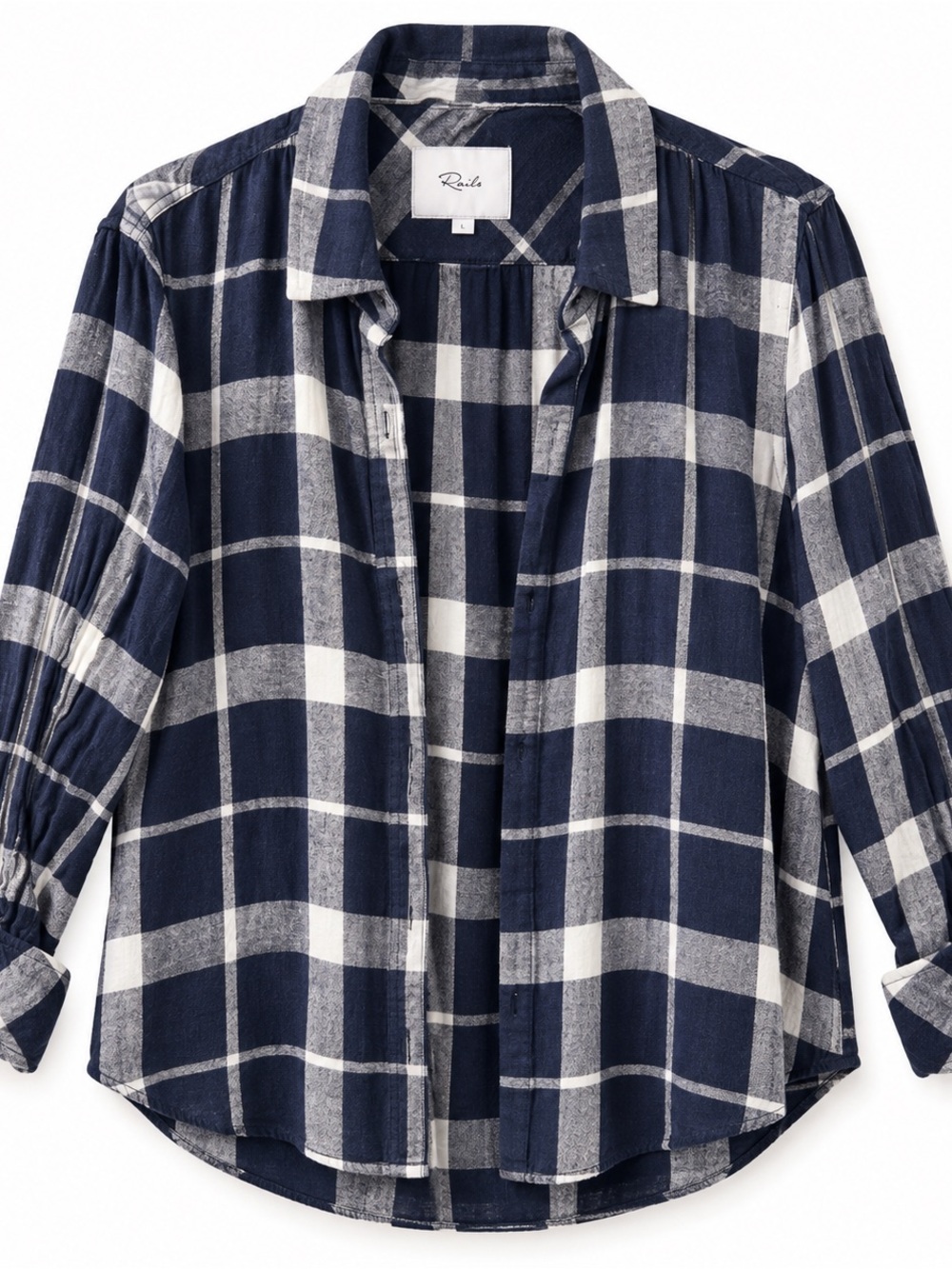 Rails Charli Navy White Plaid Linen Blend Shirt Size L